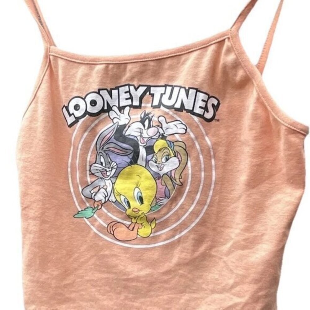 Vintage LOONEY TUNES Crop Tank womens Orange Print Characters Sz XL